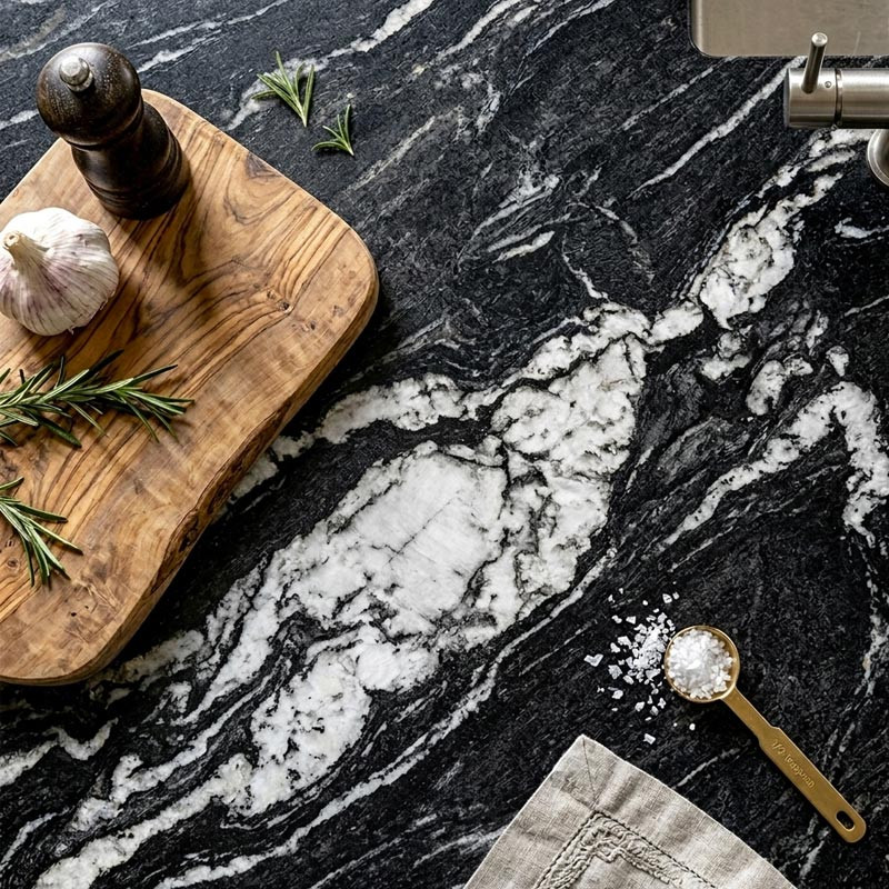 Zoom plateau de table en granit Noir Makalu