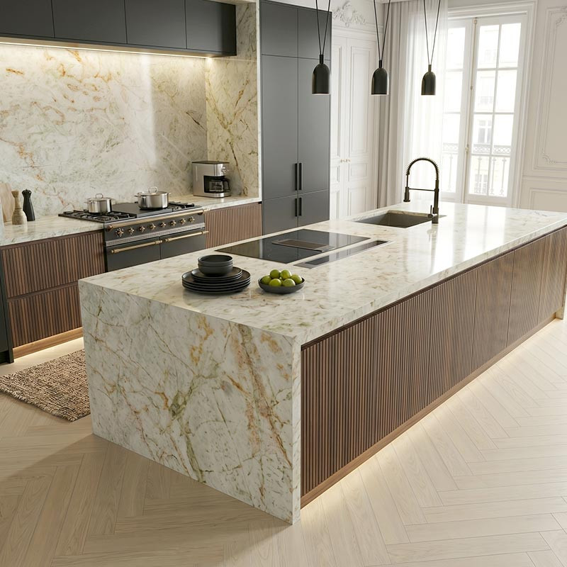 Plan de travail cuisine sur mesure en Quartzite Cristal Jade
