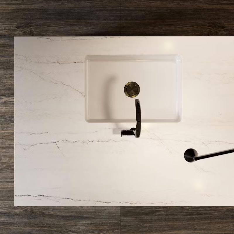 Vue dessus ilot cuisine sur mesure Eclos® Ivora by Cosentino