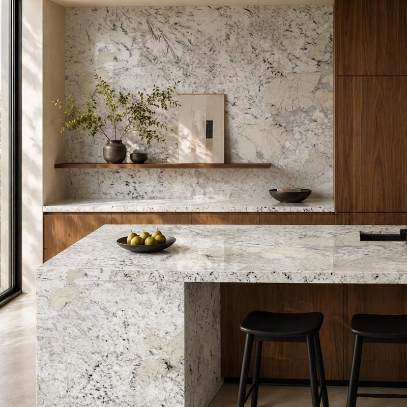Ilot central granit sur mesure Fantastic white polie